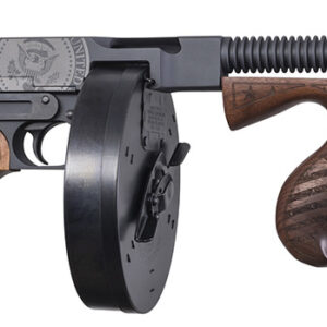 Thompson T1-14-50DC2 1927A-1 Deluxe 45 ACP 16.50" 20+1 (Stick), 50+1 (Drum), Trump Save America Engraved, Sniper Gray/Black Finish, American Walnut Furniture, Compensator