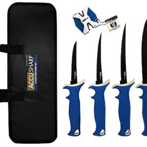 AccuSharp 737C Knife Kit  4.75/5.50/6.50/8" Fixed Fillet Plain Satin Stainless Steel Blade/ Blue Non-Slip Grip TPR Handle Includes 2-Step Sharpener