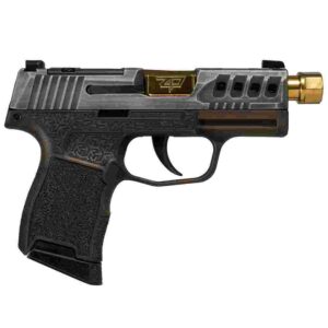 Sig Sauer P365 "Gold Bug" Handgun 9mm luger 10rd Magazines(2) 3.7" Threaded Gold Barrel Tactical Cut Distressed Grey Slide/Brown Grip Octagon Stippling
