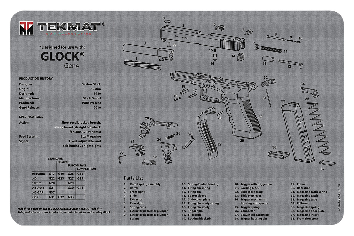 TekMat TEKR17GLOCKG4GY Glock Gen 4 Cleaning Mat Gray Rubber 11"x17" Glock Gen 4 Parts Diagram