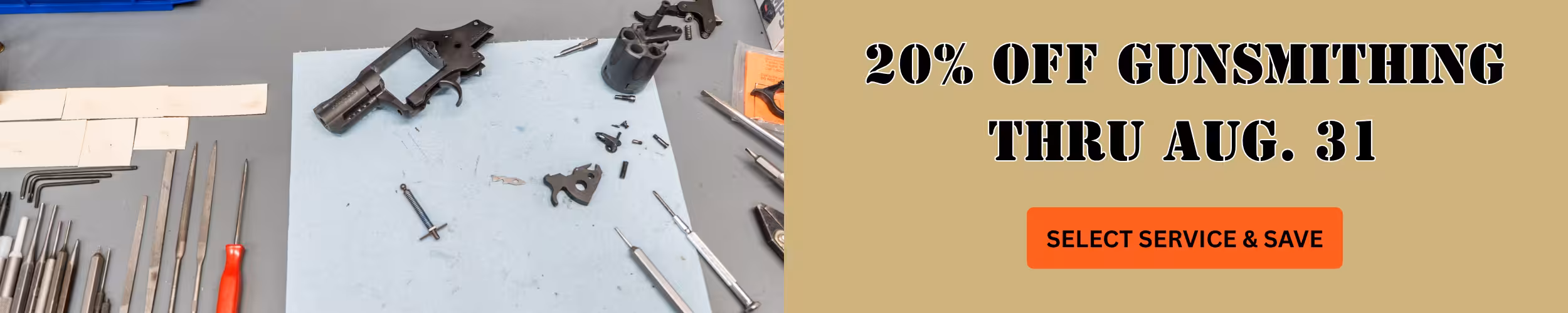 Banner promoting 20% off gunsmithing at Tactical Penguin.