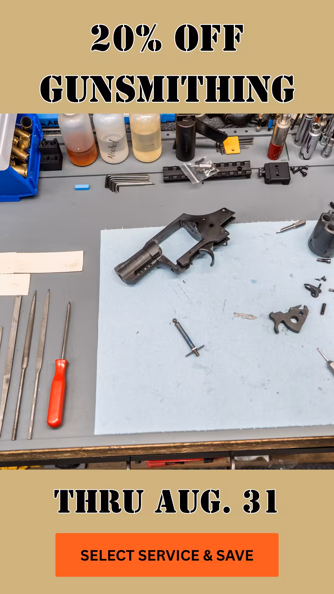 Banner promoting 20% off gunsmithing at Tactical Penguin.